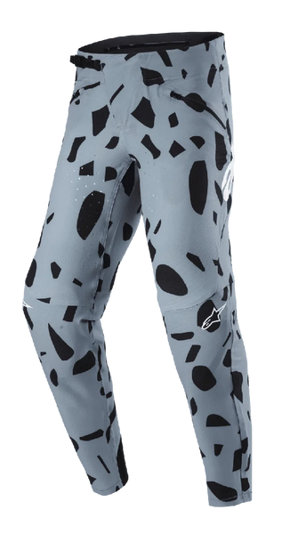 Alpinestars Techstar Envision Pants, MTB Pants, Ash Blue with black abstract pattern, featuring a ratchet waistband closure and zippered pockets, laser-perforated ventilation for breathability, designed for mountain bike riding