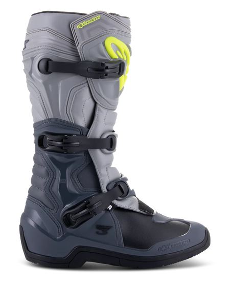 Alpinestars Tech 3 Boots, Motocross Boots, Dark Gray Light Gray and Black, side view featuring three black polymer buckles, TPU protection panels, and a bright yellow Alpinestars logo on the upper shin area
