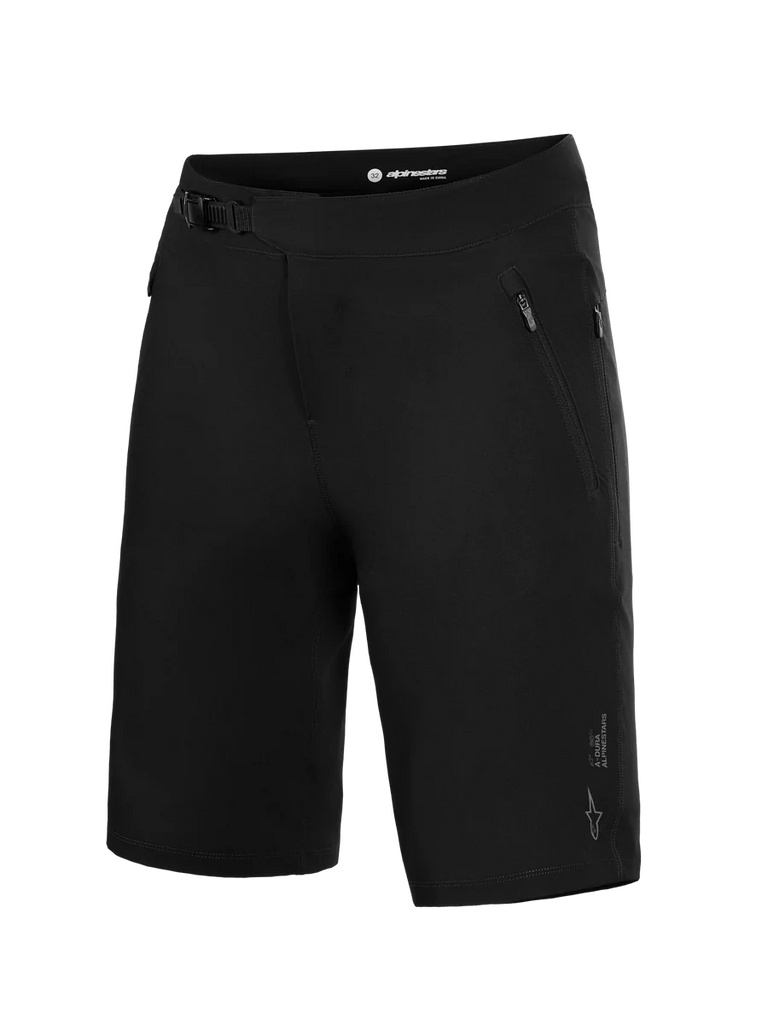 Black Alpinestars A-Dura Ride MTB Shorts, featuring a ratchet waist closure and zippered pockets for trail performance.