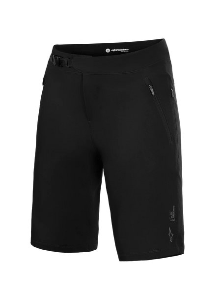 Black Alpinestars A-Dura Ride MTB Shorts, featuring a ratchet waist closure and zippered pockets for trail performance.