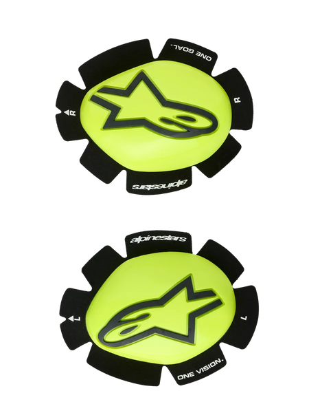 Alpinestars GP Plus Knee Slider, Motorcycle Racing Knee Sliders, Yellow Fluo and Black, left and right pair featuring a black star logo on a glossy yellow surface, textured black edges with "alpinestars" and "ONE GOAL ONE VISION" branding, designed for track abrasion