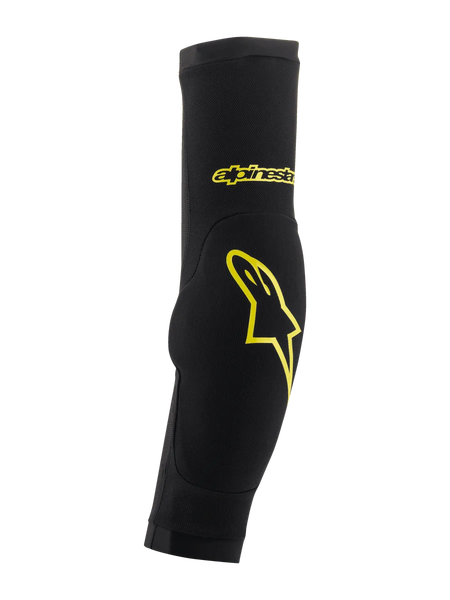 Alpinestars Paragon Plus Elbow Protectors, Black and Acid Yellow, slip-on sleeve design with integrated padding, featuring yellow star logo and script branding, breathable mesh for MTB protection