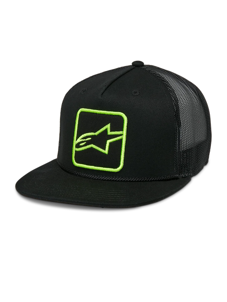 Alpinestars Control Trucker Hat, Black with Neon Green Logo, Mesh Back Snapback Cap, Flat Bill with Braided Rope Detail, Structured Front Panel with Embroidered Astars Logo, Casual Motorsport Style