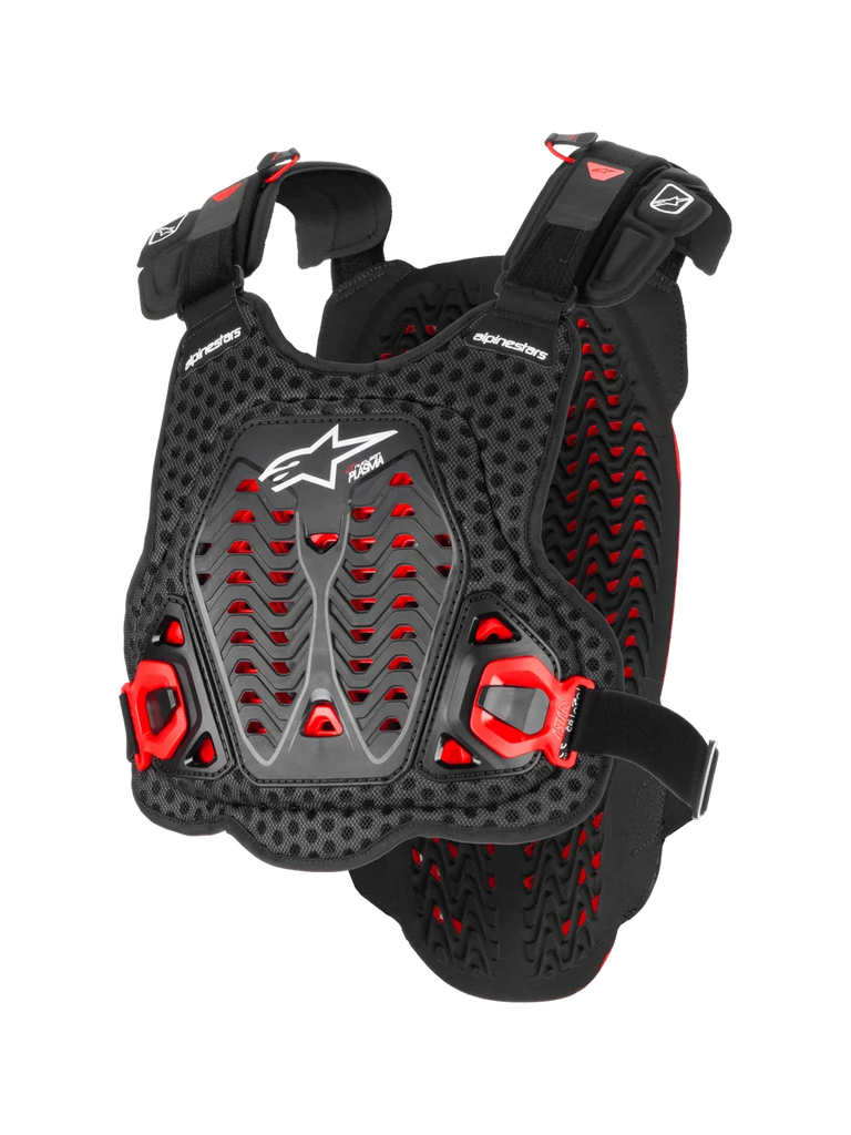 Alpinestars A-5 Plasma Chest Protector, Motocross Body Armor, Black and Red, Perforated 3D Mesh with Nucleon Plasma Material, Angular Protection Panels, Adjustable Straps, White Logo, CE Certified Safety Equipment