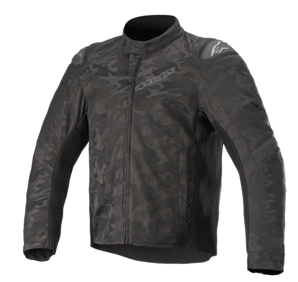 Alpinestars T SP-5 Rideknit® Textile Jacket, Motorcycle Jacket, Black Camo, featuring a dark camouflage pattern, ribbed knitted panels for stretch, external shoulder sliders, high collar, and a streamlined sport fit