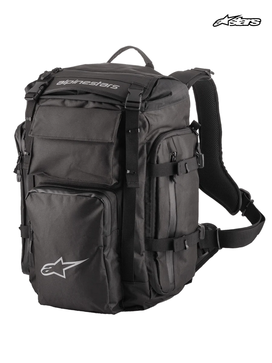 Alpinestars Rover Overland Backpack, adventure touring motorcycle backpack, black, featuring a 39-liter capacity, roll-top design, compressible front compartment, and durable textile construction