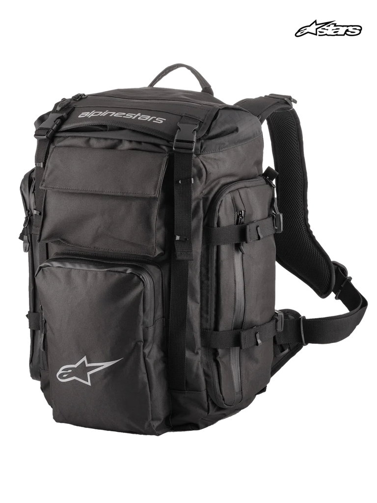 Alpinestars Rover Overland Backpack, adventure touring motorcycle backpack, black, featuring a 39-liter capacity, roll-top design, compressible front compartment, and durable textile construction