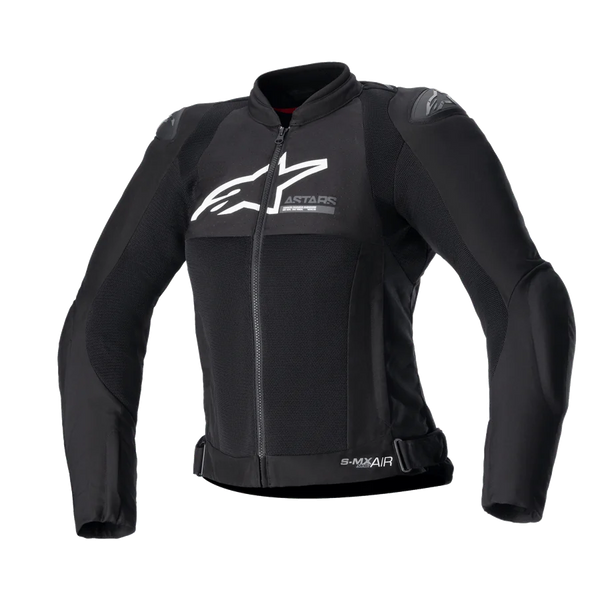 Alpinestars Women Stella SMX Air Jacket, Black textile and mesh motorcycle jacket, white logo on chest, front zipper, high collar, external shoulder sliders, breathable mesh construction, sporty design for summer riding