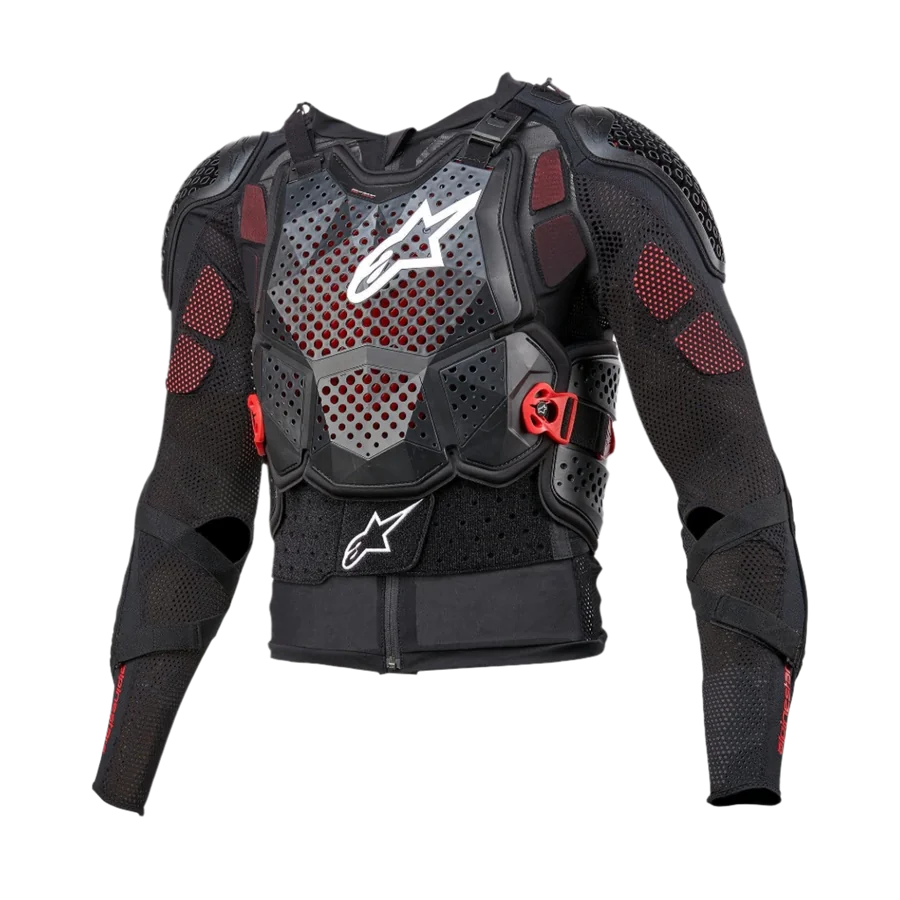 Alpinestars Bionic Tech V3 Protection Jacket, motorcycle body armor, black with white and red accents, featuring a perforated chest protector with a white star logo, adjustable red buckles, integrated shoulder and elbow guards, and a breathable mesh base layer