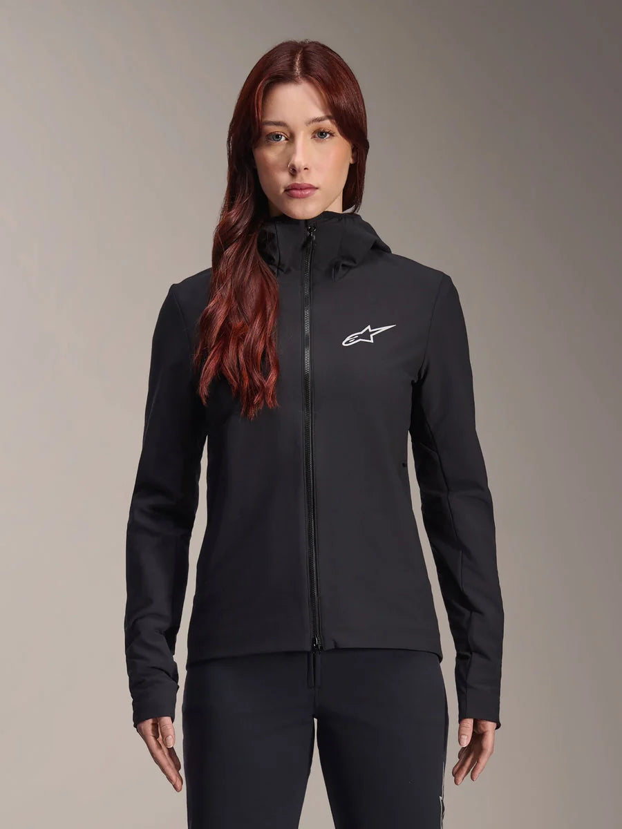 Alpinestars Stella A-Dura Thermal Jacket, Women's Cycling Jacket, Black, White star logo on the chest, hooded zip-up design, fitted long-sleeve construction for mountain biking