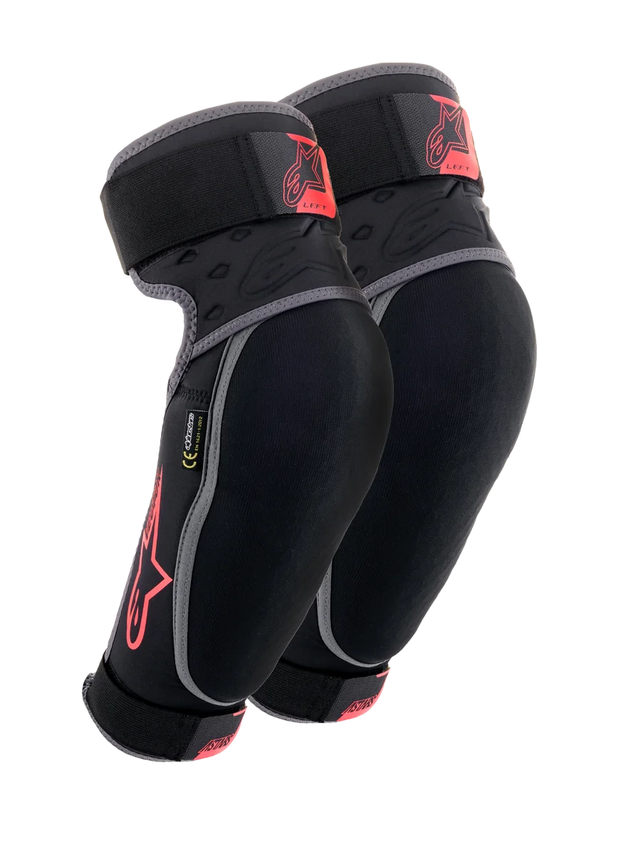 Alpinestars Vector Elbow Protectors, Black Anthracite and Red, MTB Protection Gear, pair of guards with gray piping, red star logo and Vector branding, adjustable straps, and ergonomic compression fit