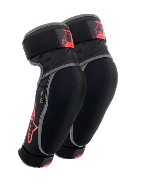 Alpinestars Vector Elbow Protectors, Black Anthracite and Red, MTB Protection Gear, pair of guards with gray piping, red star logo and Vector branding, adjustable straps, and ergonomic compression fit