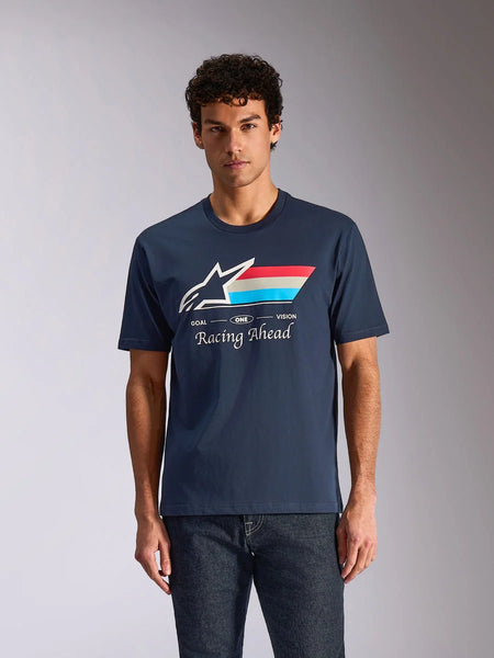 Alpinestars Trifecta CSF Tee, Short Sleeve T-Shirt, Navy Blue, White Astars Logo with Red White and Blue Tri-color Stripes, 'Racing Ahead' Graphic, Casual Motorsport Streetwear