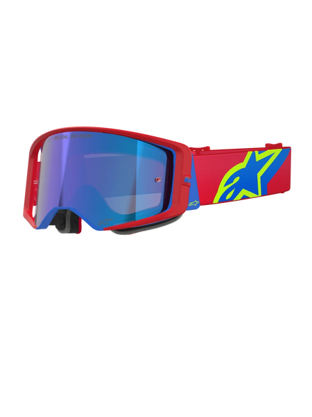Alpinestars Supertech Corp Goggles Absolute Vision, Motocross Goggles, Red and Blue frame with Mirror Blue lens, red strap with bold yellow and blue Alpinestars logo, high-performance eyewear for off-road and racing
