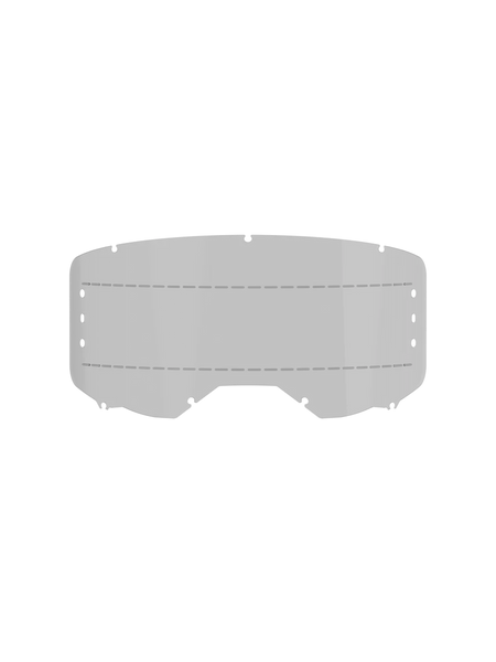 Alpinestars Vision 8-5-3 Roll Off Film, Goggles Accessory, Smoke, featuring a curved polycarbonate lens with silicone glide lines, mounting holes for roll-off canisters, and anti-fog coating for motocross and off-road racing