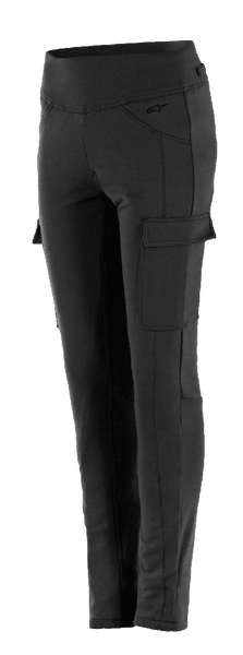 Alpinestars Women's Iria Leggings, Black motorcycle riding leggings, high-waisted slim fit, featuring a side cargo pocket with flap closure, subtle logo on the hip, durable textile construction for urban riding