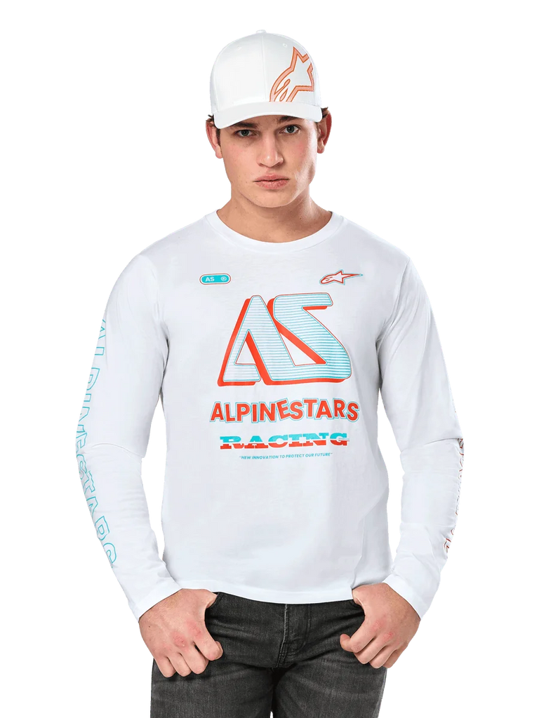 Alpinestars Ayess Csf Long Sleeve Tee, White Motorsports T-Shirt, featuring colorful AS logo in Blue and Red, ALPINESTARS RACING graphics, worn with white cap and black jeans, white background