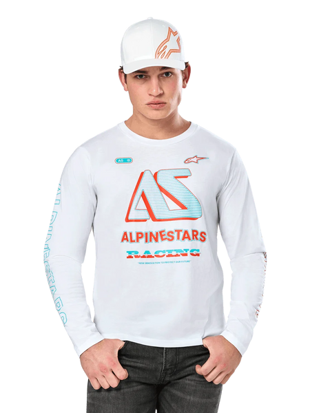 Alpinestars Ayess Csf Long Sleeve Tee, White Motorsports T-Shirt, featuring colorful AS logo in Blue and Red, ALPINESTARS RACING graphics, worn with white cap and black jeans, white background