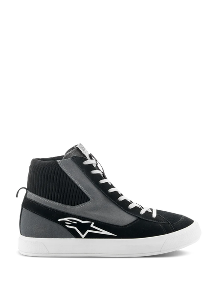 Alpinestars Stated Shoes, high-top motorcycle riding shoes, Black Gray and White, featuring a white star logo, white vulcanized rubber sole, ribbed knitted ankle collar and white laces, urban street style