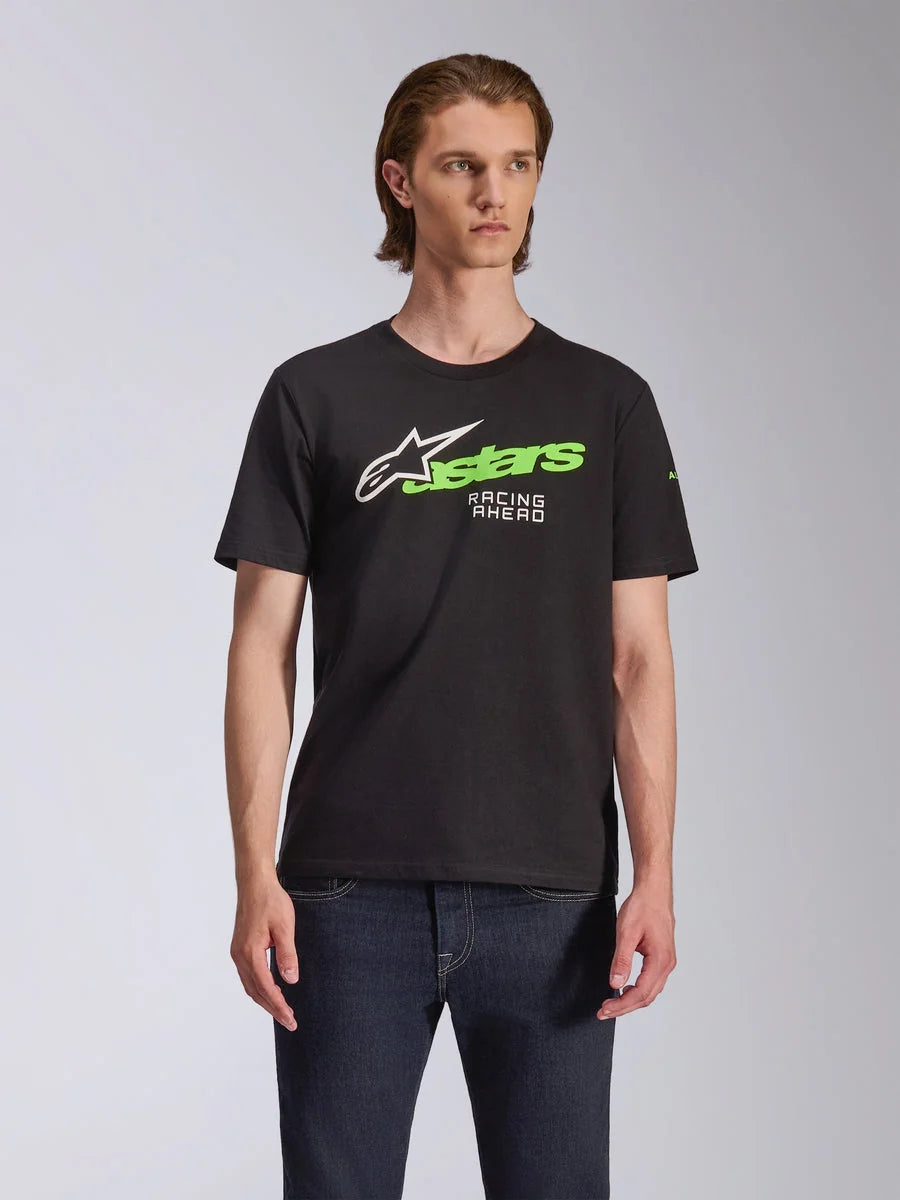 Alpinestars Entitled CSF Tee, Short Sleeve T-Shirt, Black, featuring a white and lime green Alpinestars logo with 'Racing Ahead' text, casual motorsport-inspired design