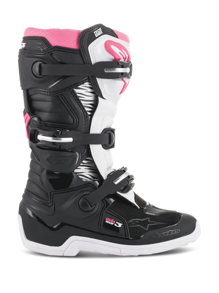 Alpinestars Women Stella Tech 3 Boots, Motocross Boots, Black White and Pink, side profile view showing the three-buckle closure system, zebra-print graphic panels, TPU shin protection, and white rubber outsole for off-road riding