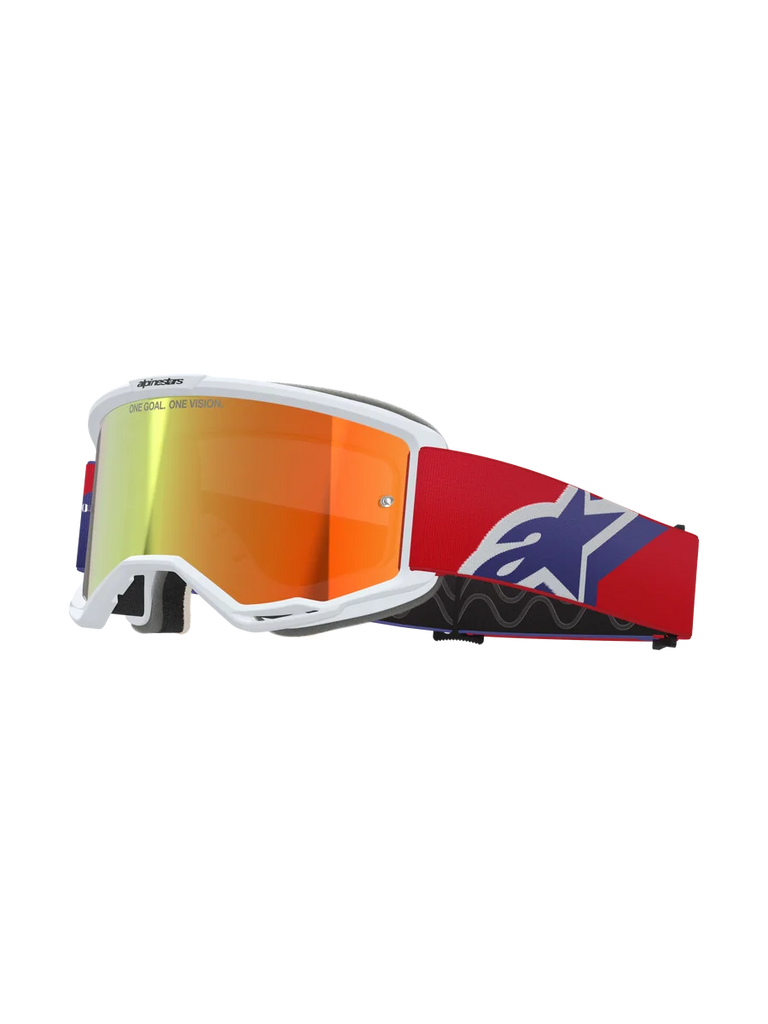 Alpinestars Vision 5 Corp Goggles, white frame with reflective orange and purple mirror lens, "ONE GOAL. ONE VISION." branding, red strap with blue and white star logo, motocross racing eyewear