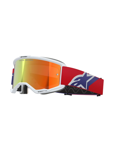 Alpinestars Vision 5 Corp Goggles, white frame with reflective orange and purple mirror lens, "ONE GOAL. ONE VISION." branding, red strap with blue and white star logo, motocross racing eyewear