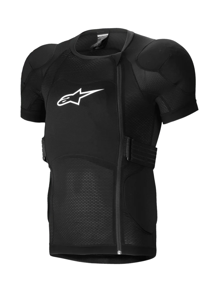 Alpinestars A-Impact Plasma Protection Jacket Short Sleeve, MTB Protection Jacket, Black, featuring padded shoulders and chest armor, offset side zipper, breathable ribbed mesh fabric, and white logo on the chest