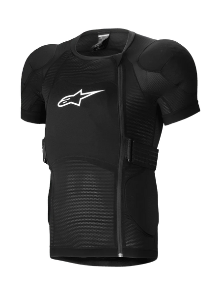 Alpinestars A-Impact Plasma Protection Jacket Short Sleeve, MTB Protection Jacket, Black, featuring padded shoulders and chest armor, offset side zipper, breathable ribbed mesh fabric, and white logo on the chest