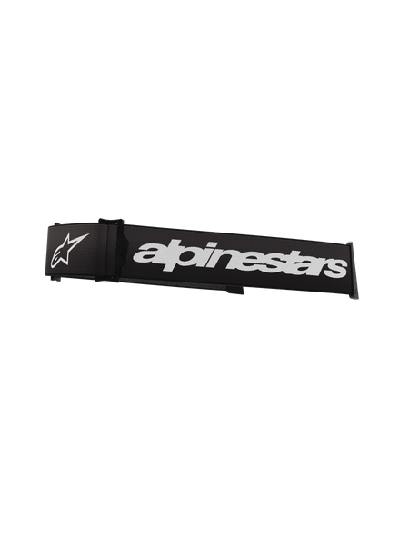 Alpinestars Supertech Goggles Strap, Black and White, featuring a prominent white Alpinestars wordmark and star logo, 45mm replacement strap for motocross goggles with silicone traction and click-snap attachment