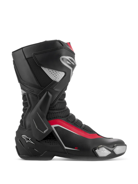 Alpinestars SMX-6 V3 Boots, Motorcycle Racing Boots, Black Silver and Red, side profile view showing TPU lateral ankle brace, replaceable toe slider, and mesh flex zones for track and street performance.