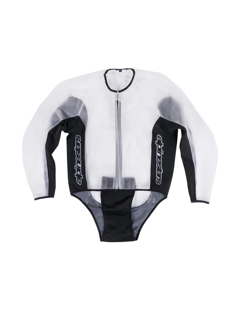 Alpinestars Racing Rain Jacket, Waterproof Transparent Motorcycle Jacket, Clear and Black, white vertical logos on side panels, front zipper closure, pre-curved design for fit over leather suits, functional wet weather track gear