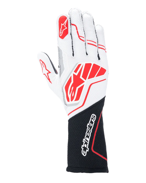 Alpinestars Tech-1 ZX V4 Gloves, Auto Racing Gloves, White and Black with Red accents, textured honeycomb fabric with external seams, large red logo on back of hand, black extended wrist section with white Alpinestars wordmark