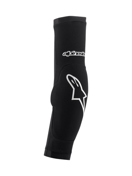 Alpinestars Paragon Plus Elbow Protectors, Black and White, MTB mountain biking protection, ergonomic curved sleeve design with white star logo, breathable stretch mesh with reinforced padding