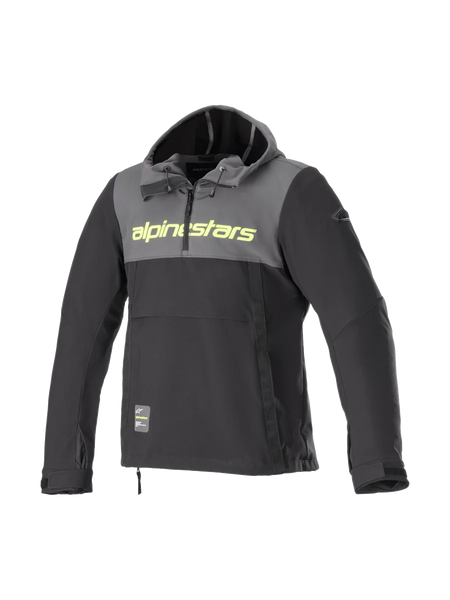 Alpinestars Sherpa Hoodie, windproof softshell urban motorcycle jacket for men, gray and black with yellow fluo logo.