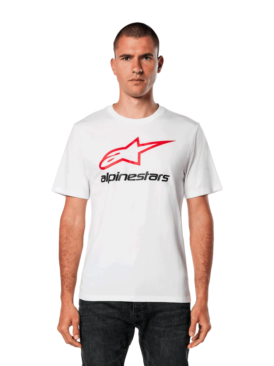 Alpinestars Always 2.0 CSF Tee, White Short-Sleeve T-Shirt, featuring a Red Star Logo and Black Alpinestars Text, Men's Casual Sportswear, worn by model