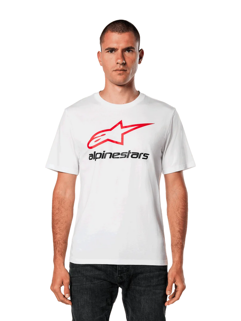 Alpinestars Always 2.0 CSF Tee, White Short-Sleeve T-Shirt, featuring a Red Star Logo and Black Alpinestars Text, Men's Casual Sportswear, worn by model