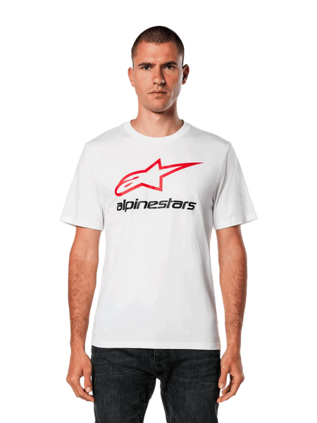 Alpinestars Always 2.0 CSF Tee, White Short-Sleeve T-Shirt, featuring a Red Star Logo and Black Alpinestars Text, Men's Casual Sportswear, worn by model