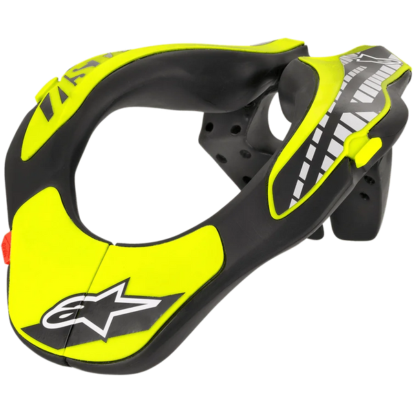 Alpinestars Youth Neck Support, Motocross Neck Brace, Black and Yellow Fluo, featuring an ergonomically profiled frame with Alpinestars star logo, lightweight construction for youth motocross and off-road protection