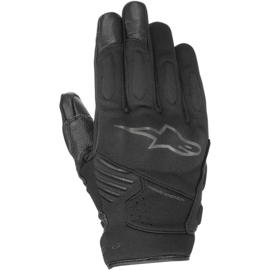 Alpinestars Faster Gloves, Black Motorcycle Gloves, featuring the Alpinestars star logo and Thermo Windtech branding, reinforced knuckle and finger padding, multi-material urban riding design