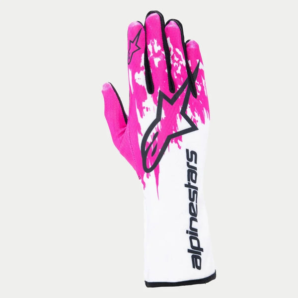 Alpinestars Tech-1 K V3 Karting Gloves in White, Fuchsia, and Black with sublimated graphics, FIA homologated for racing.