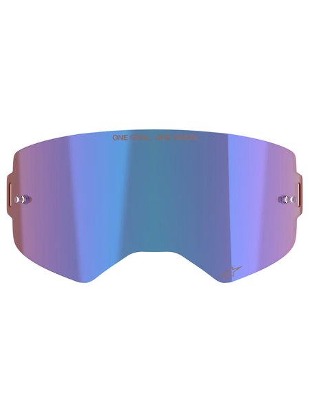 Alpinestars Supertech Mirror Lens, Motocross Goggle Accessory, Mirror Blue with purple hues, featuring Absolute Vision™ technology, integrated tear-off posts, and 'ONE GOAL. ONE VISION.' slogan across the top.
