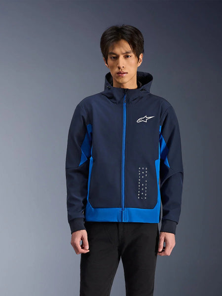 Alpinestars Radium Tech Hoodie, Urban Motorcycle Jacket, Night Navy and Royal Blue, featuring front zipper, white chest logo, and vertical branding, technical shell construction with an athletic fit