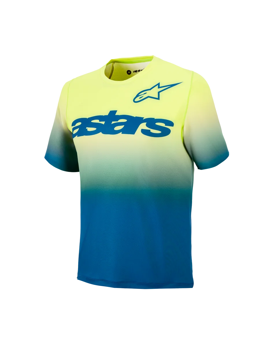 Youth A-Dura Astars Jersey 2.0, short sleeve MTB jersey in yellow and blue gradient with bold blue chest logos.