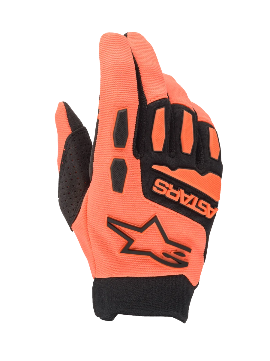 Alpinestars Full Bore Gloves, Motocross Gloves, Orange and Black, featuring breathable stretch fabric, TPR knuckle protection, Alpinestars star logo and ASTARS branding on the backhand, sporty off-road design for airflow and protection