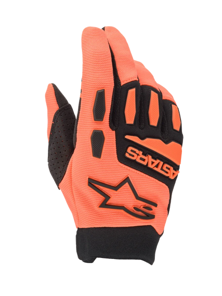 Alpinestars Full Bore Gloves, Motocross Gloves, Orange and Black, featuring breathable stretch fabric, TPR knuckle protection, Alpinestars star logo and ASTARS branding on the backhand, sporty off-road design for airflow and protection