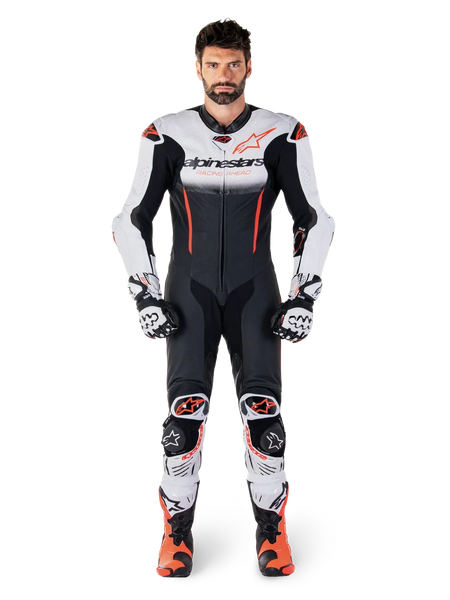 Alpinestars GP-R7 1-Piece Leather Suit in White, Black and Red Fluo, premium leather motorcycle racing gear for men.