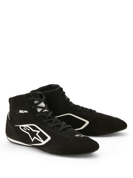 Alpinestars SP V3 Shoes FIA, Auto Racing Shoes, Black and White, premium suede construction, featuring white Astars logo on the side and thin racing-spec sole for enhanced pedal feel