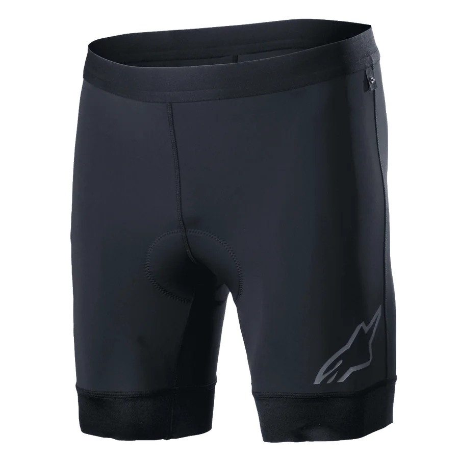 Alpinestars Alps Inner Shorts, Black cycling liner shorts with integrated padded seat area, elastic waistband, reflective Astars logo on the lower left leg, stretchy synthetic fabric for performance and moisture-wicking comfort