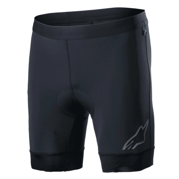 Alpinestars Alps Inner Shorts, Black cycling liner shorts with integrated padded seat area, elastic waistband, reflective Astars logo on the lower left leg, stretchy synthetic fabric for performance and moisture-wicking comfort